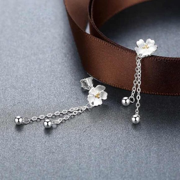 14k Gold Gorgeous Flower Drop Earrings Sterling Silver - Picture 3 of 9